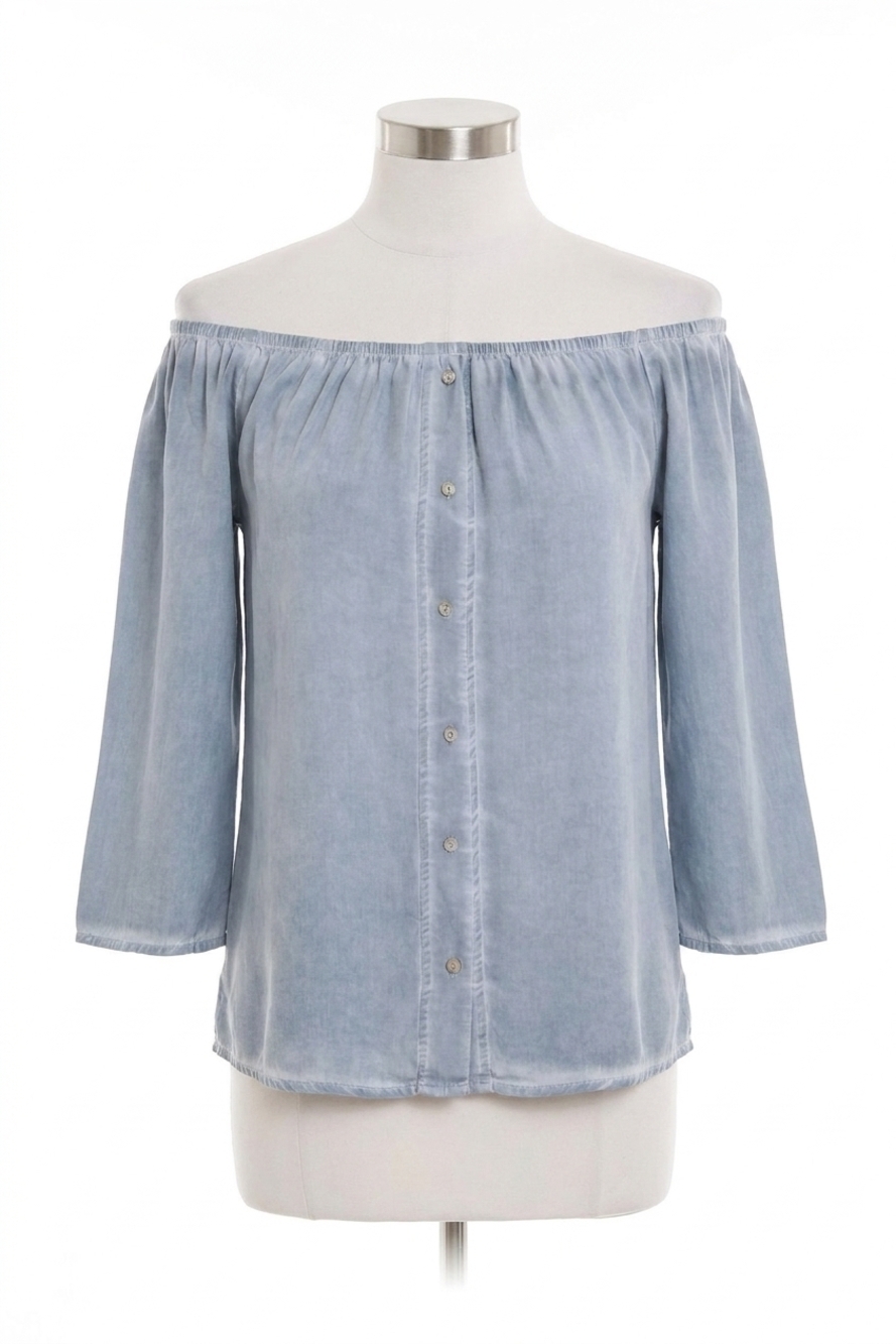 NEW FRENCH KYSS luciana button off the shoulder top in denim